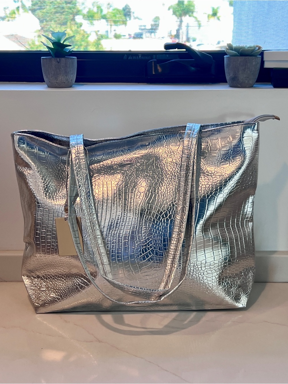 Metallic Silver Tote Bag with Croc Texture - Women